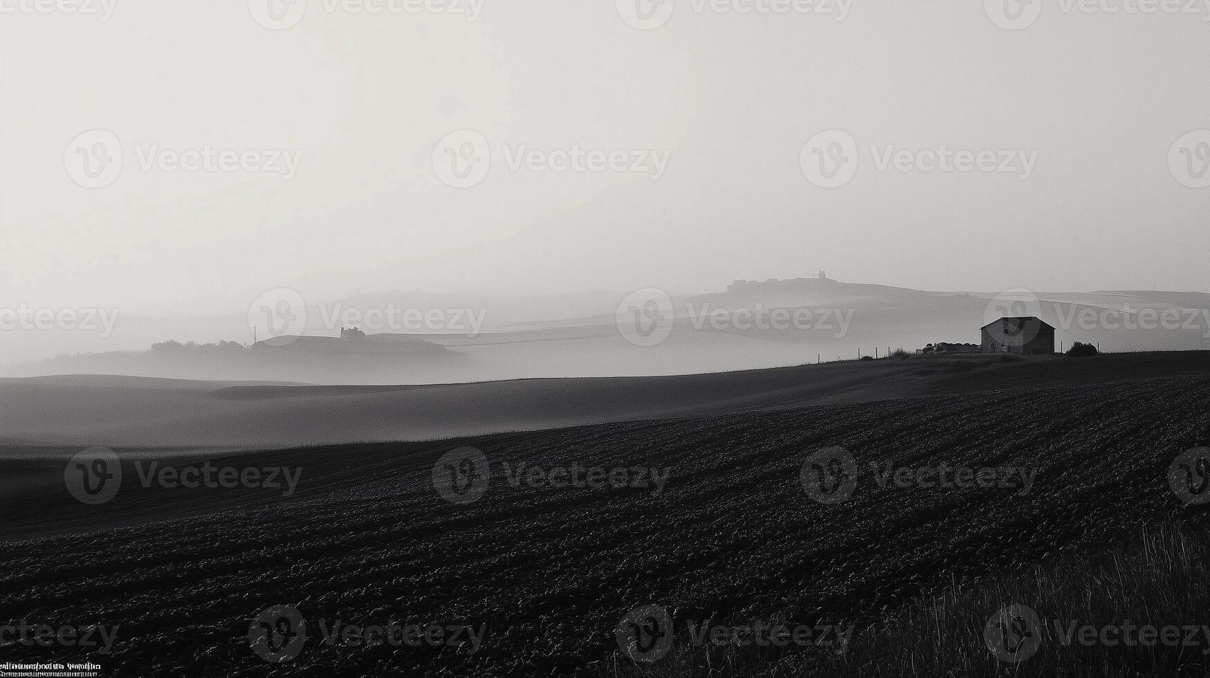 The image is a black and white photo of a vast, empty field with a house in the distance. The sky is cloudy, and the atmosphere is serene and tranquil
