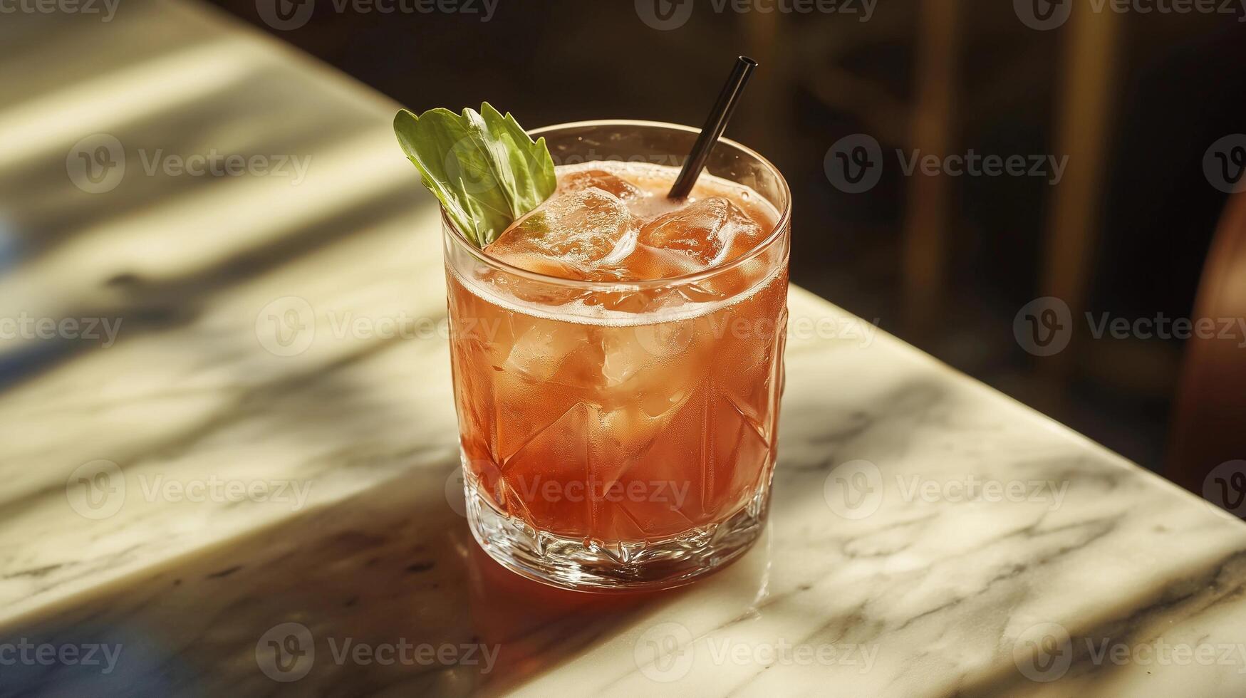 A glass of red drink with a leaf on top. The drink is on a marble countertop photo