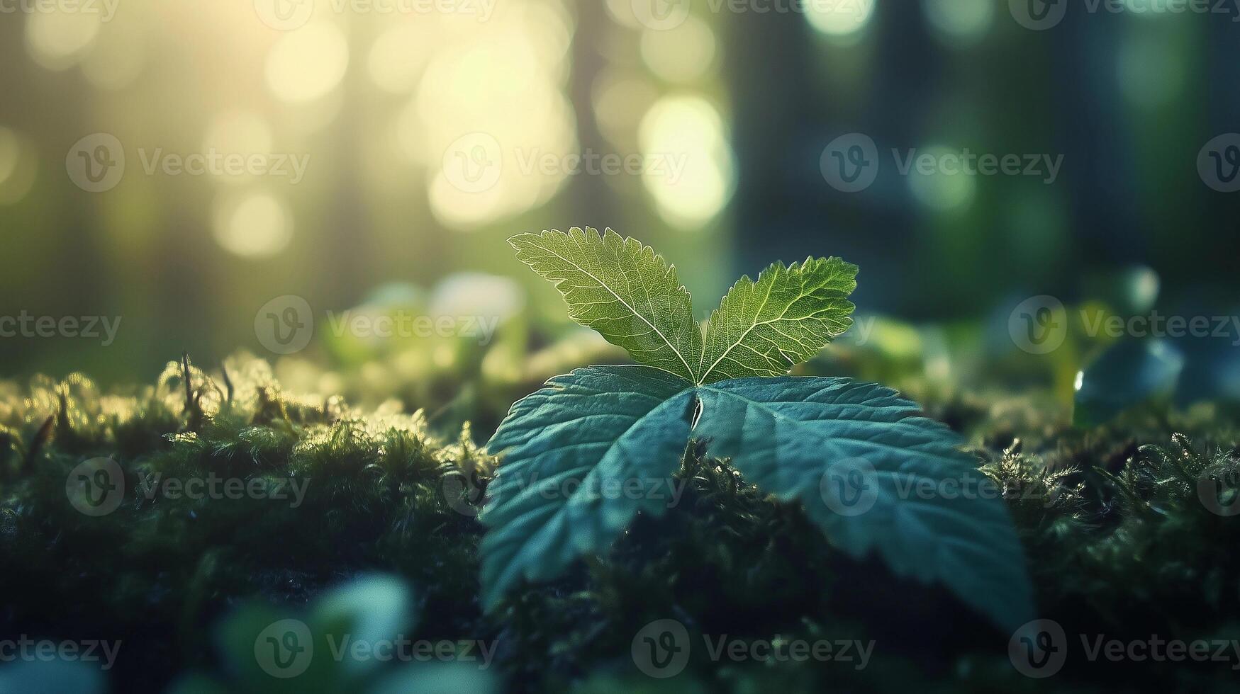 A small green leaf is growing on a mossy log. Concept of growth and renewal, as the leaf is just beginning to sprout and thrive in its natural environment photo