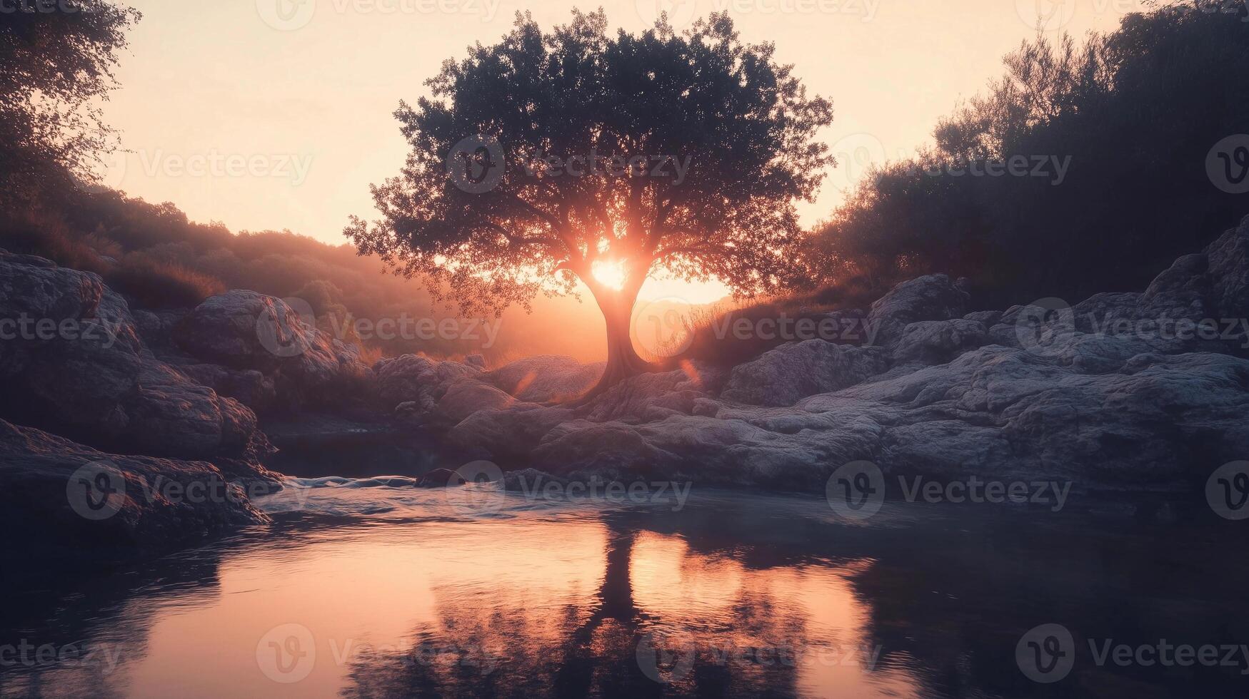A tree is reflected in the water of a pond. The sun is setting, casting a warm glow over the scene. Concept of tranquility and peace, as the natural beauty of the tree photo