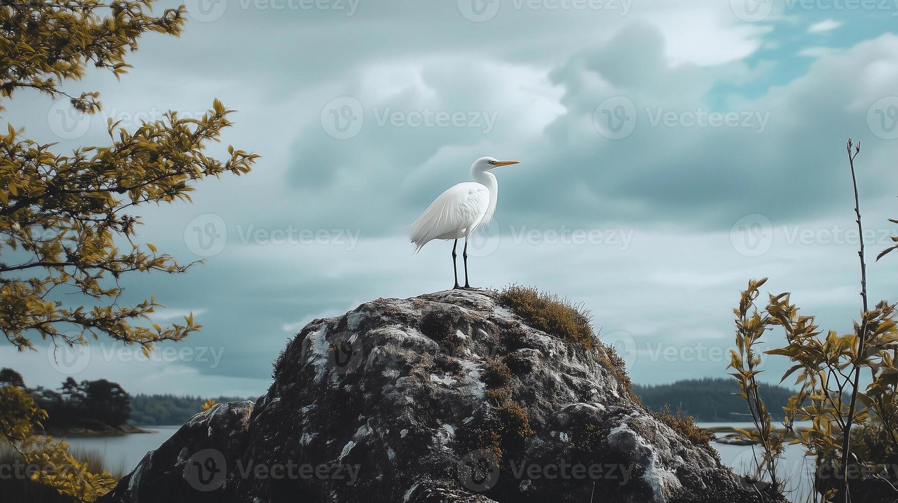 A white bird stands on a rock in front of a body of water. The bird is looking to the left photo