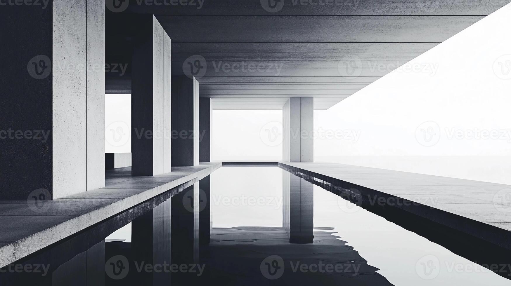 A long, empty pool with a reflection of the sky in the water. The pool is surrounded by pillars and is located in a large, empty space photo