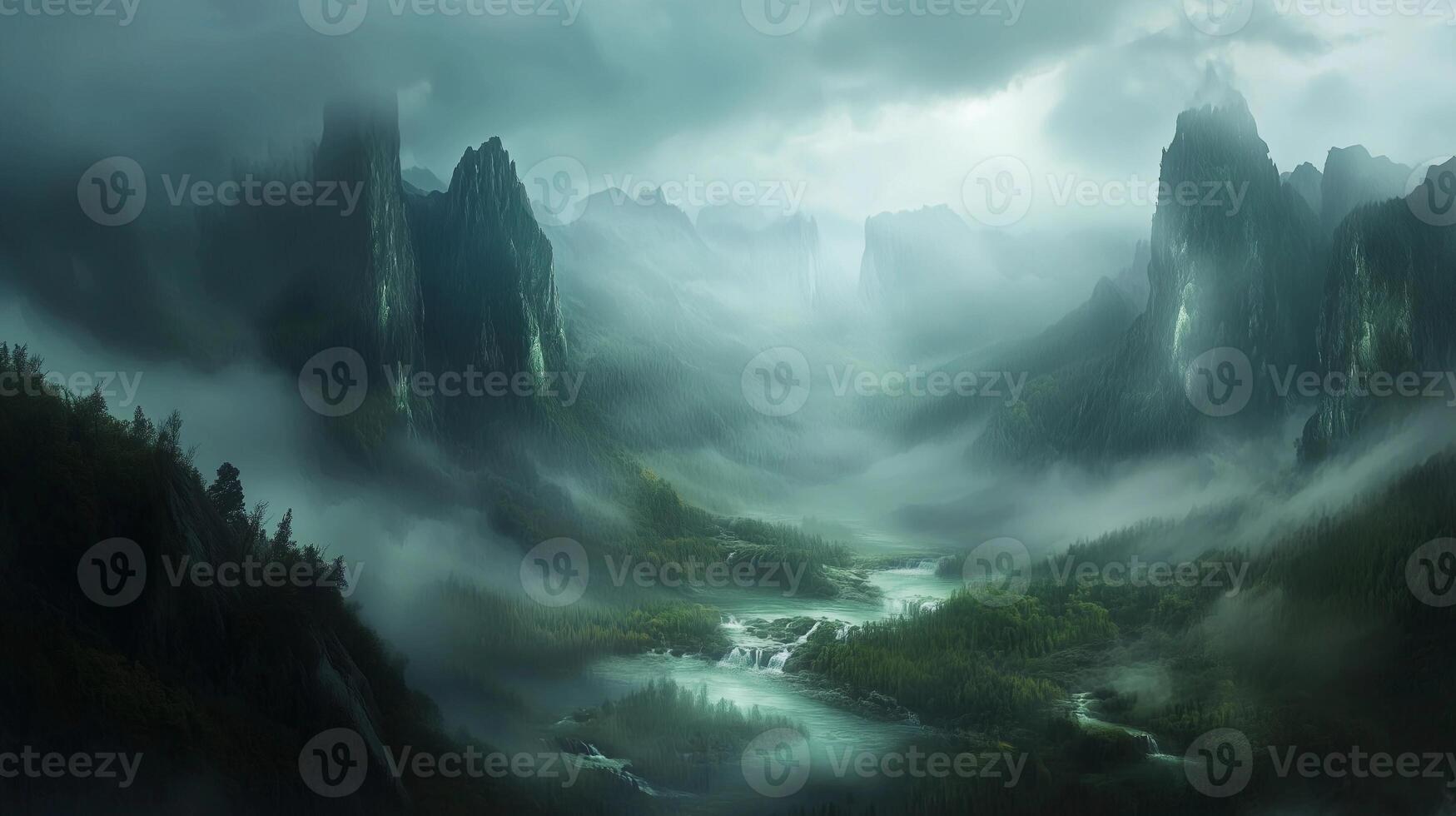 A mountain range with a river running through it. The sky is cloudy and the atmosphere is mysterious photo
