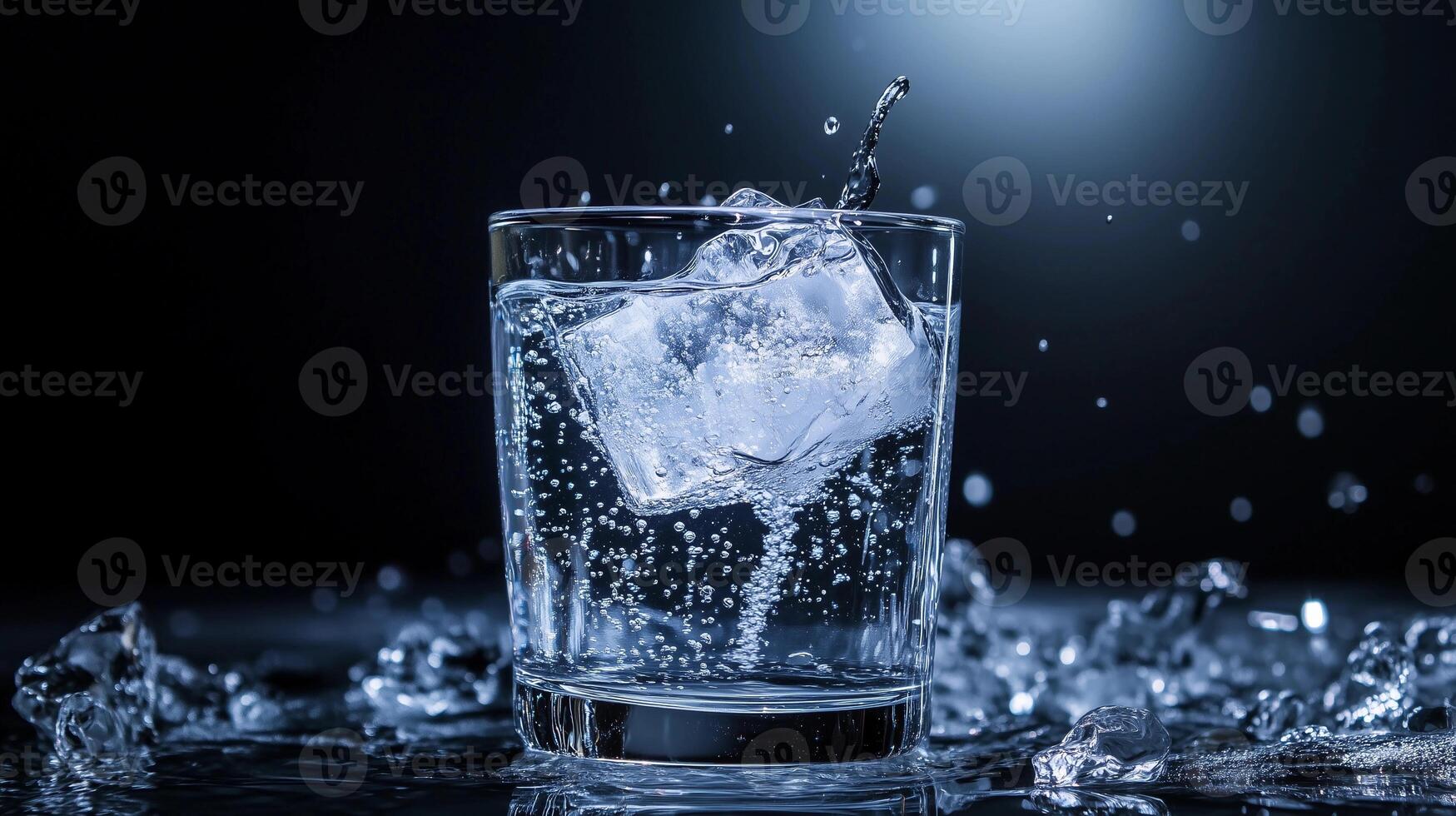 A glass of water with ice cubes in it is shown. The water is clear and the ice cubes are floating on top of it. The glass is sitting on a surface with water droplets around it photo