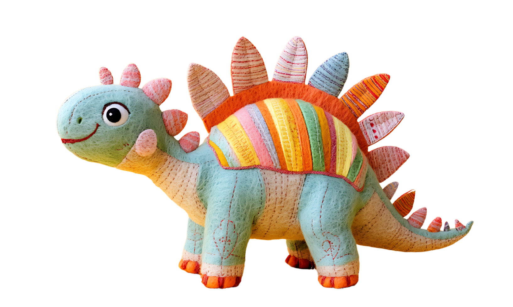 A Colorful Fabric Stegosaurus Dinosaur Toy Smiling Gently On Display png