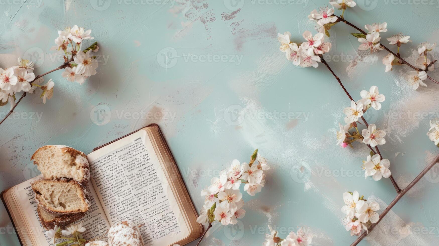 Open Bible with cherry blossoms and Bread Flat Lay Mockup on pastel background photo