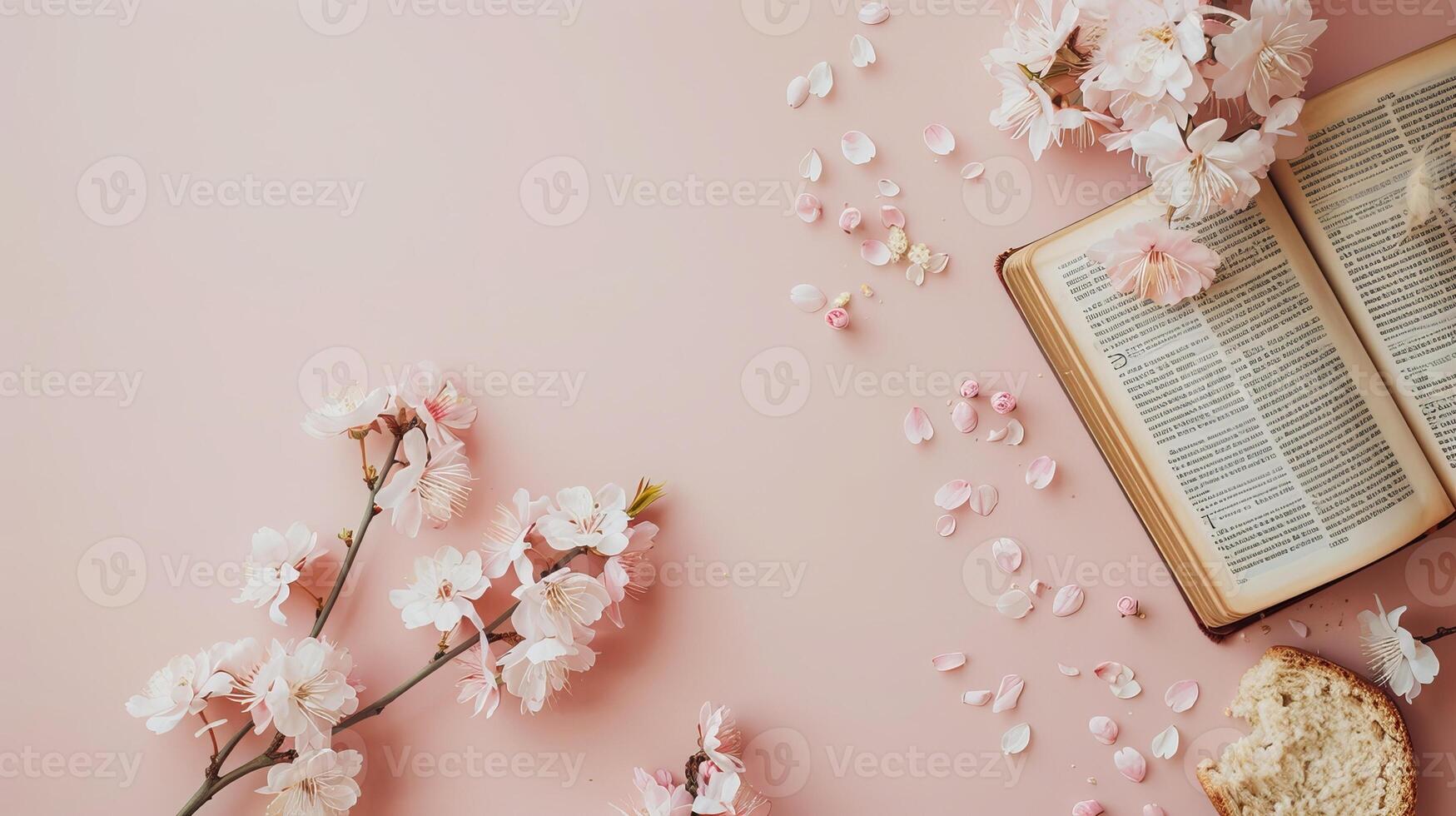 Open Bible with cherry blossoms Flat Lay Mockup on pink background photo