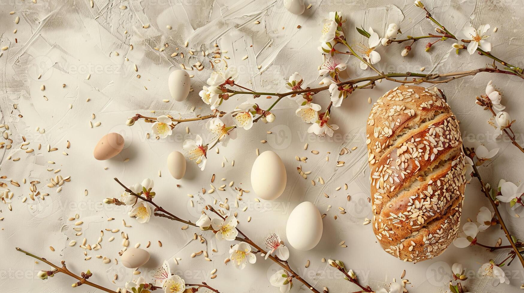 Easter eggs and Sweet Easter Bread composition Product photography Flat Lay holiday background photo