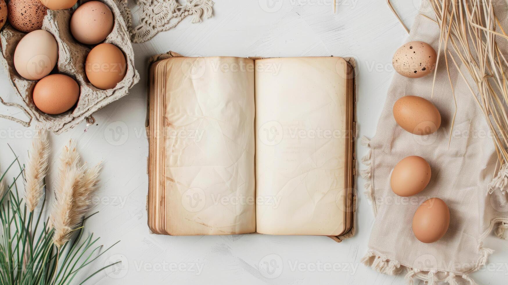 Recipe book mockup with ingredients eggs top view photo