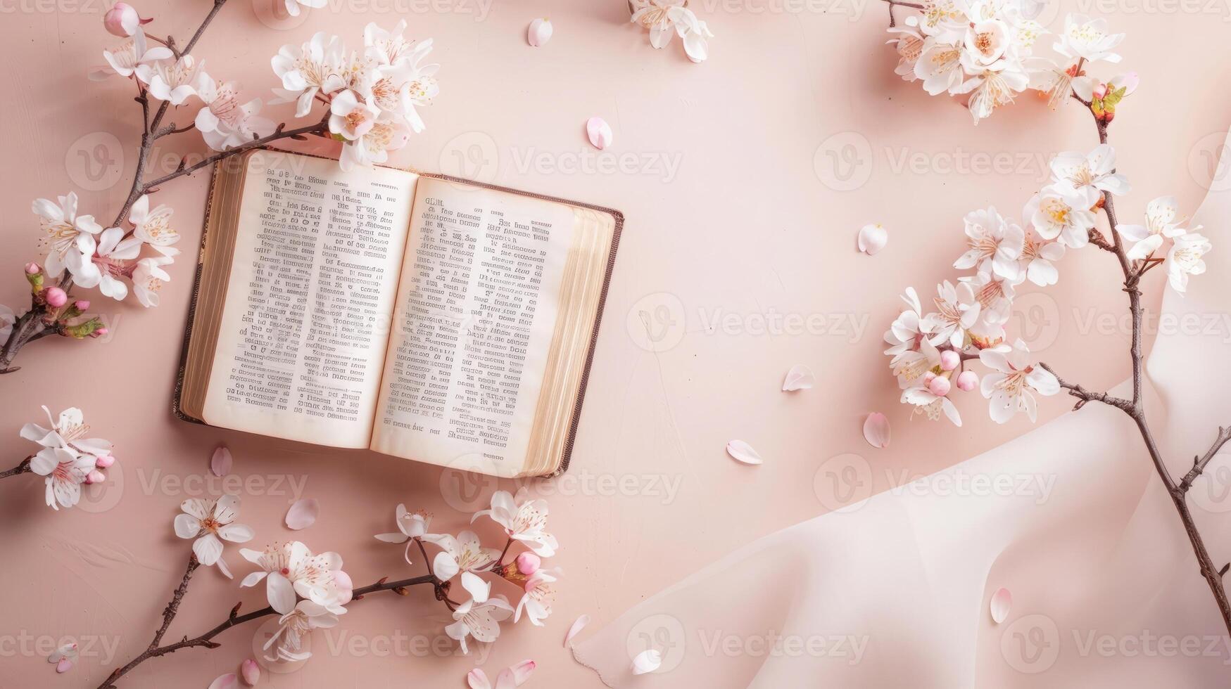 Open Bible with cherry blossoms Flat Lay Mockup on pastel background Product photography photo
