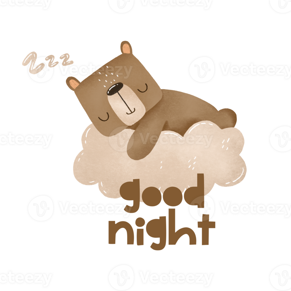 Teddy bear sleeping on cloud poster. Hand drawn cartoon illustration for nursery, kids room baby boy girl gender neutral png