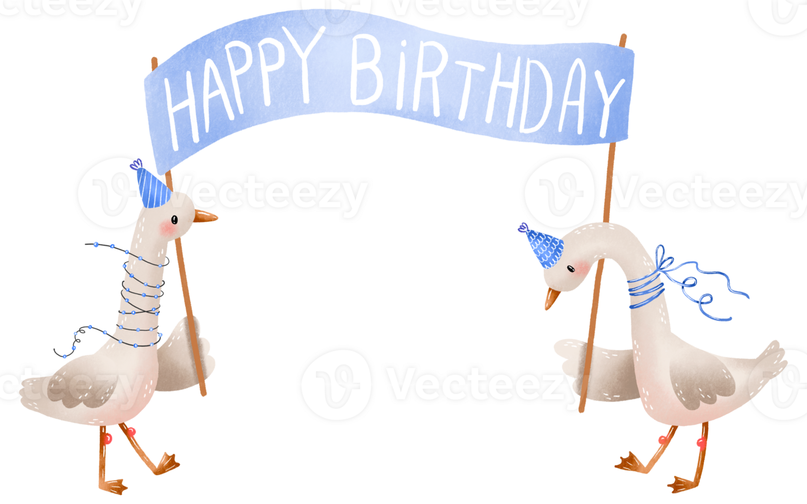 Geese with birthday banner. Happy birthday inscription on ribbon. Cartoon goose duck bird party celebration hand drawn illustration png
