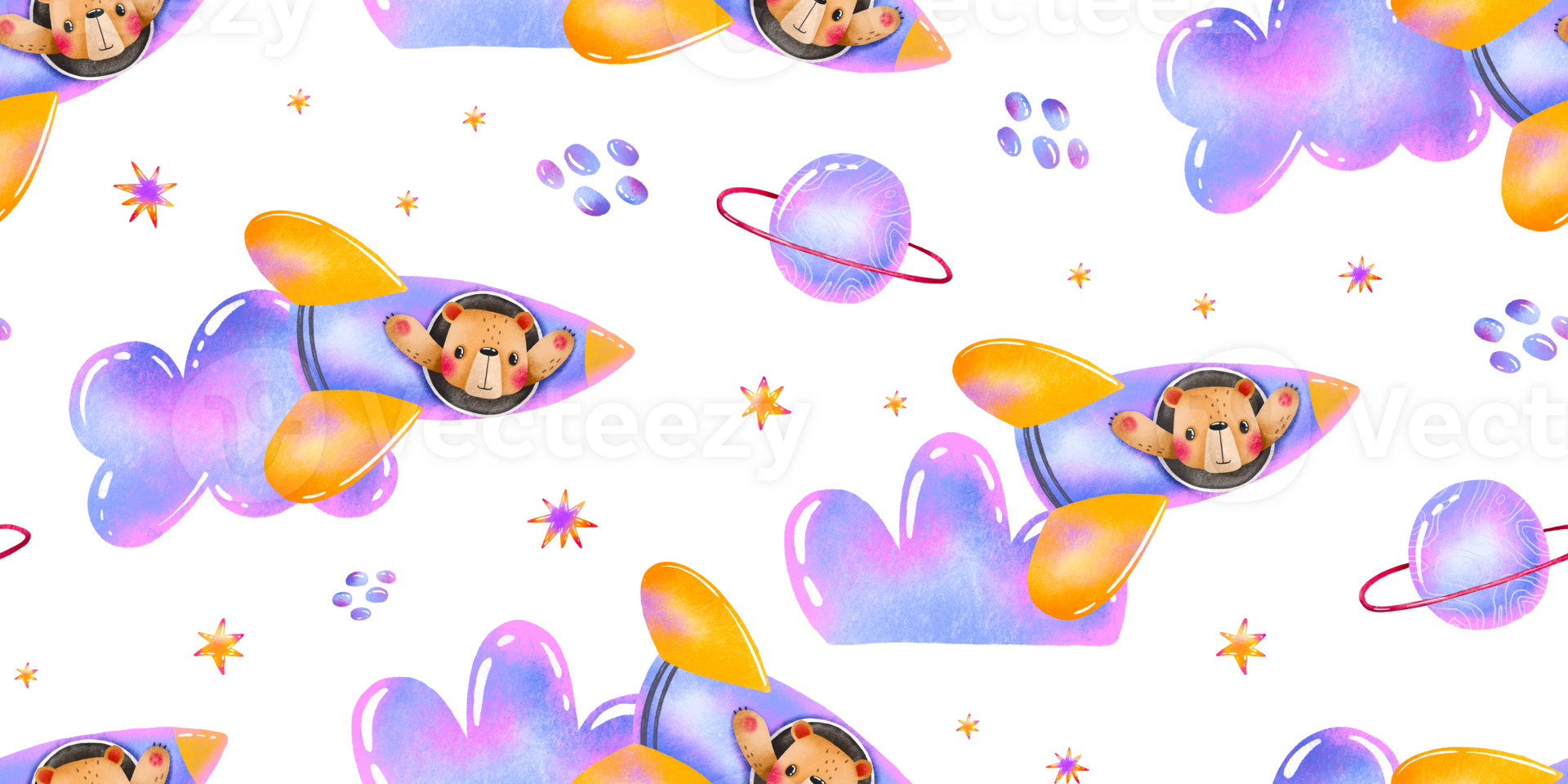 Hand painted space seamless background with teddy bear in spaceship rocket. Sky travel adventure. Up in the sky. Boy pattern kids baby room nursery children design print. Newborn png