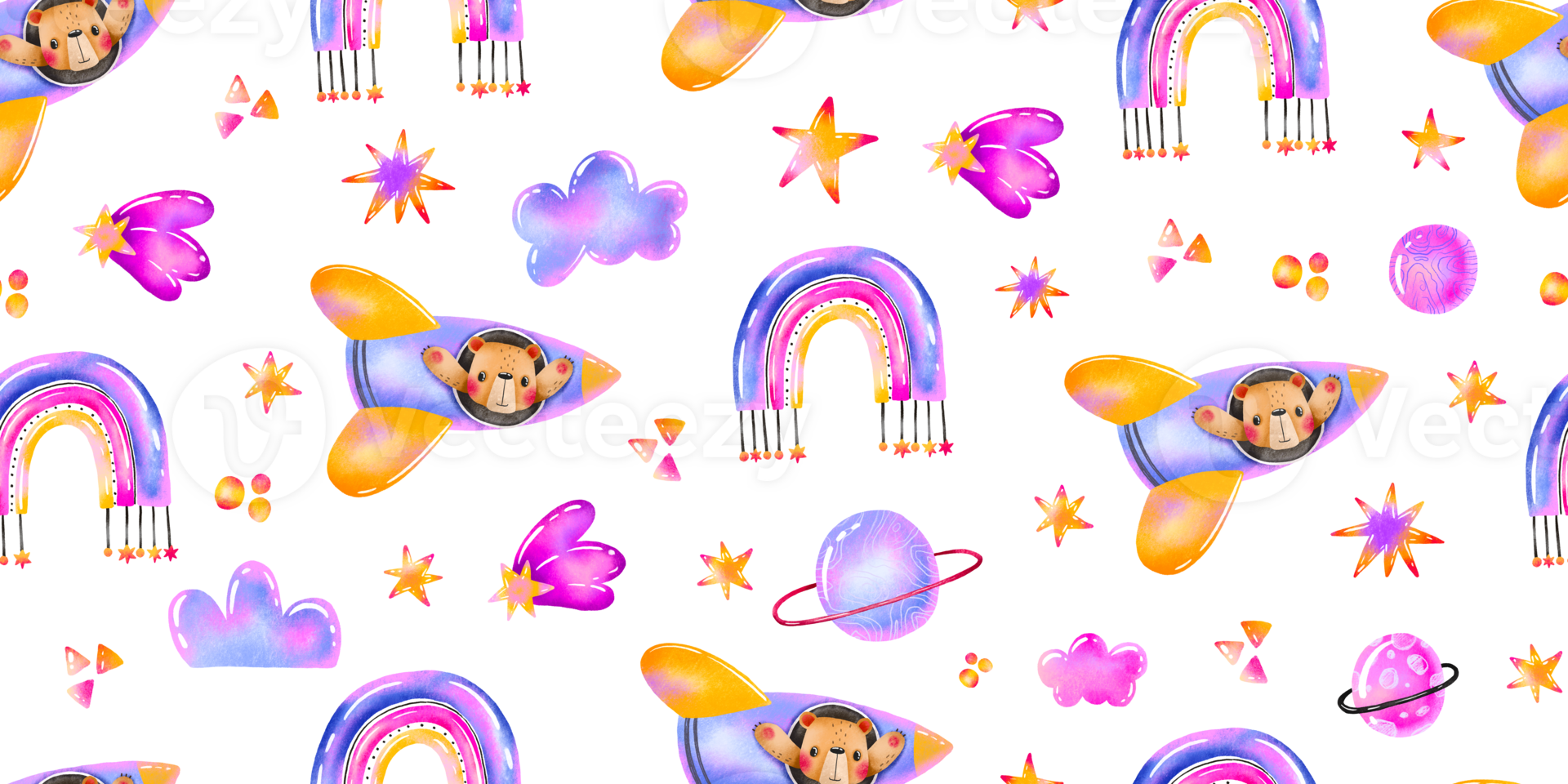Hand painted space seamless background with teddy bear in spaceship rocket. Sky travel adventure star rainbow stars. Up in the sky. Pattern kids baby room nursery children design print. Newborn png