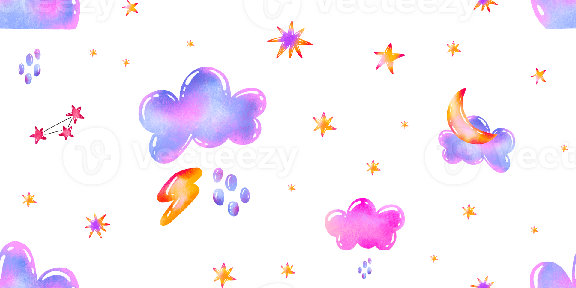 Weather cartoon pattern with clouds, stars and rain. Space background for kids. Baby room, new born children nursery, textile, print png