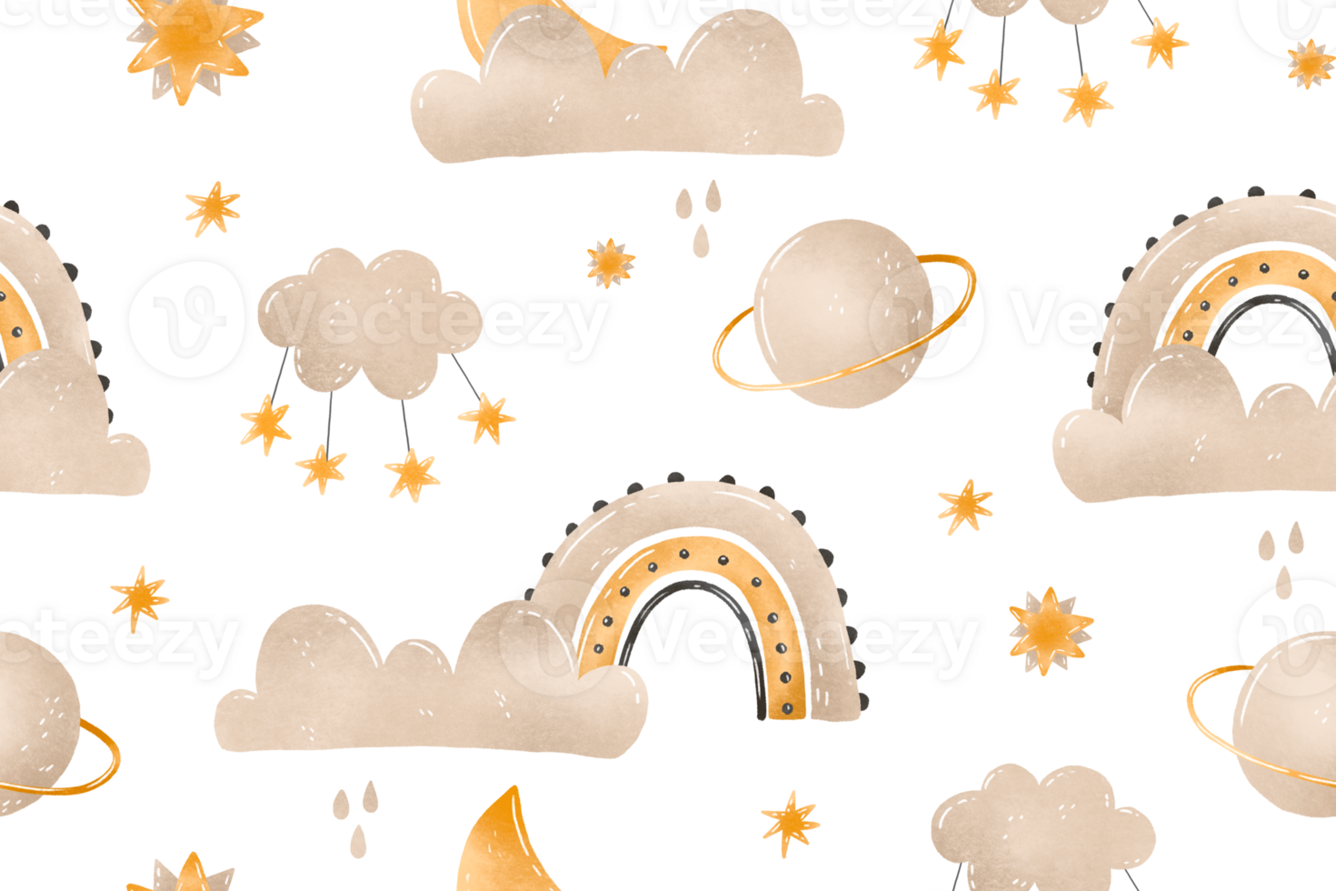 Gender neutral sky pattern with clouds, stars, rainbow. Fairytale background for kids. Baby nursery bedroom design png