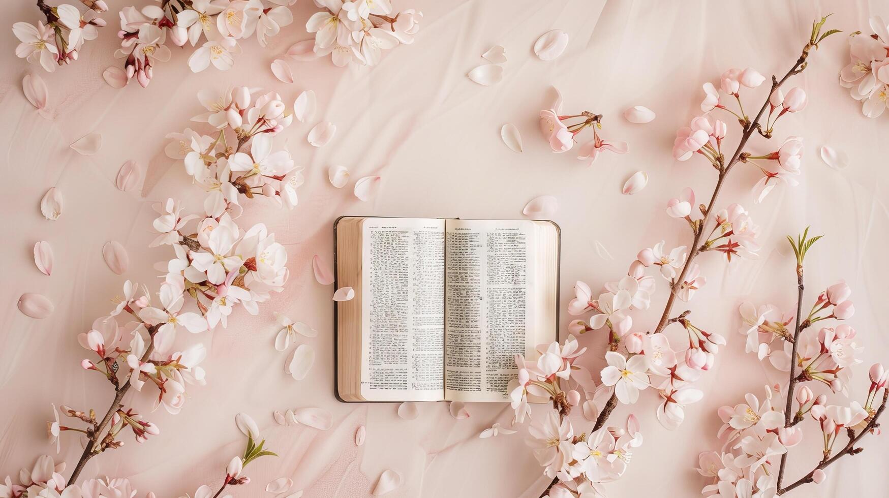 Open Bible with cherry blossoms Flat Lay Mockup on pastel background scripture study photo
