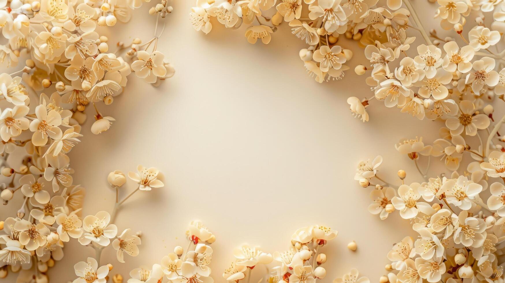 Cherry blossoms floral card Mockup space for text top view background photo
