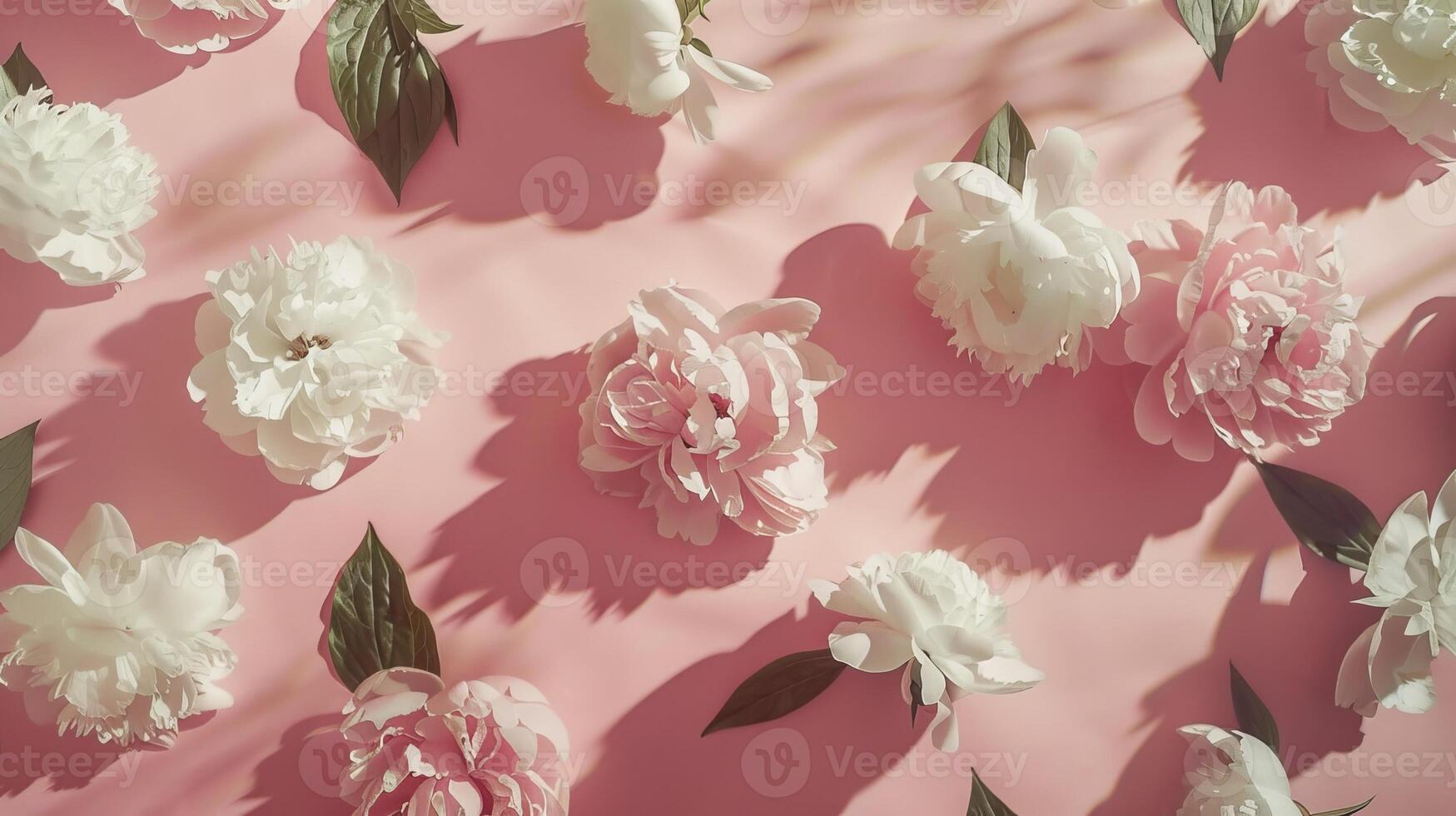 Peonies on pink background flat lay product photography photo