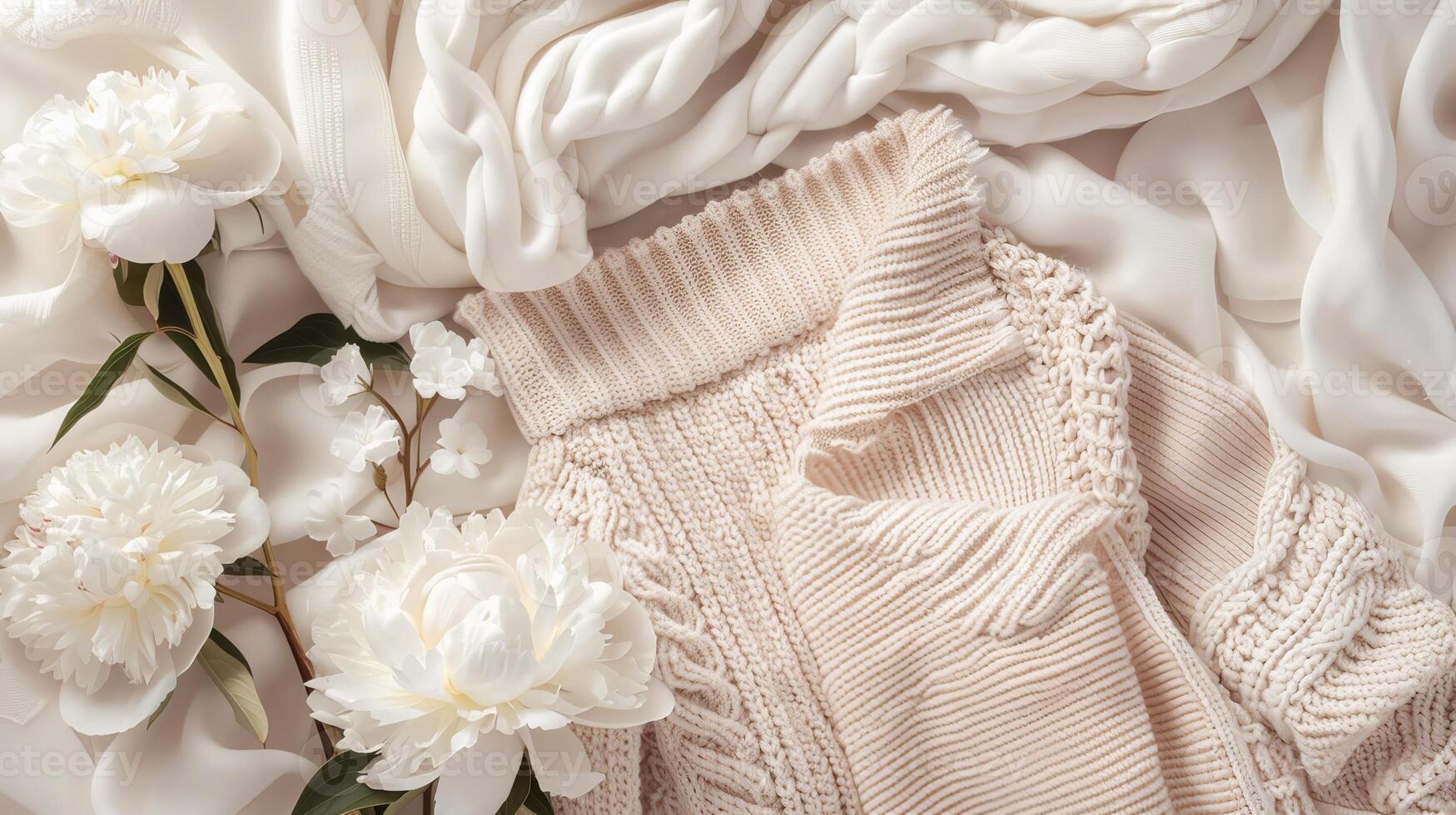 White peonies flowers near coat on pastel background flat lay product photography photo