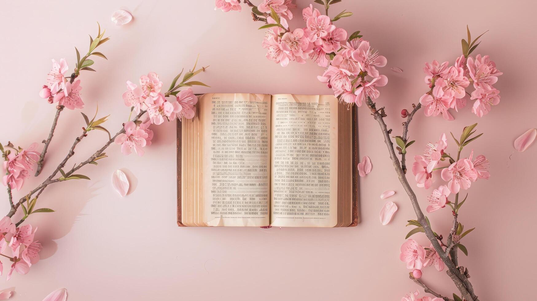 Open Bible with cherry blossoms Flat Lay on pastel background scripture study photo