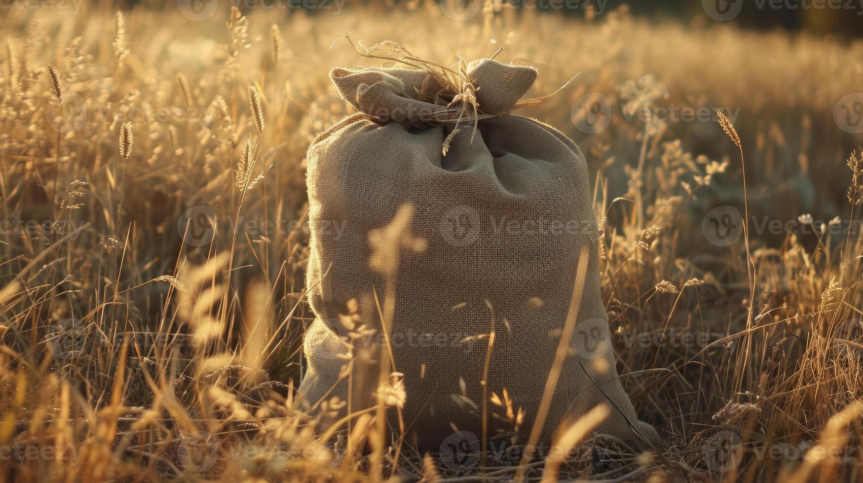 Harvest bag of wheat in the wheat field photo