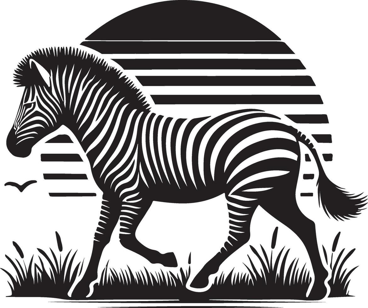 zebra silhouette silhouette of a zebra in the grass with a sunset background vector