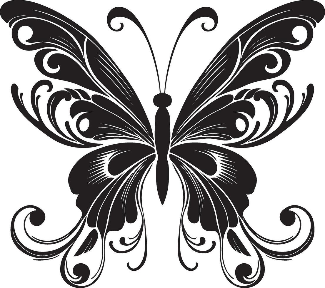 a black and white butterfly with swirls on it vector