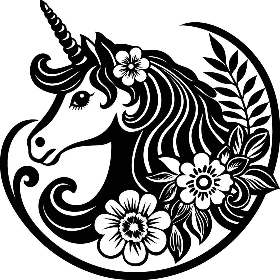a black and white unicorn with flowers in its hair vector
