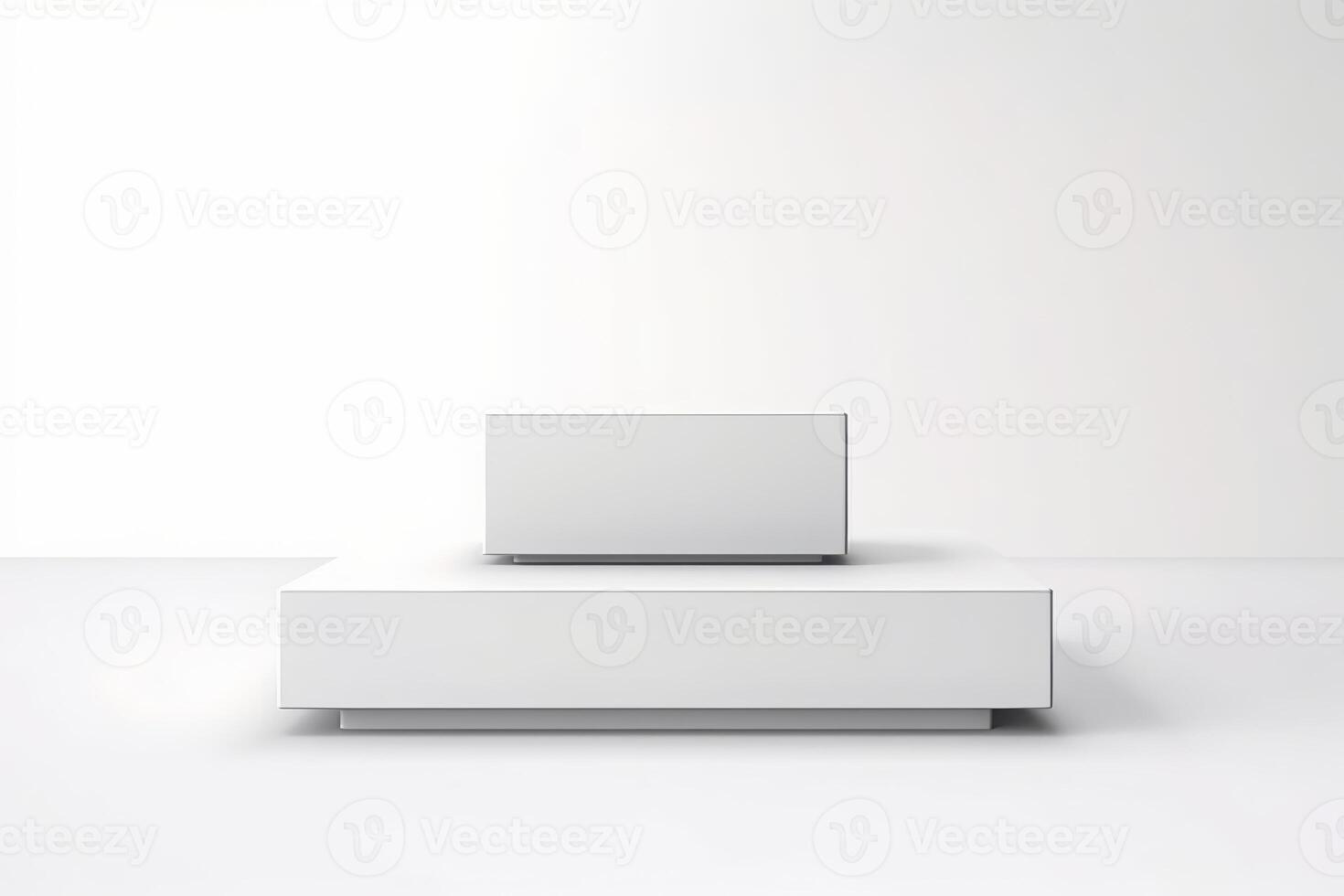 Rectangular white two stage podiums. Stage backdrop. Festive podium pyramid scene for award ceremony on white background. White pedestal for product presentation. photo