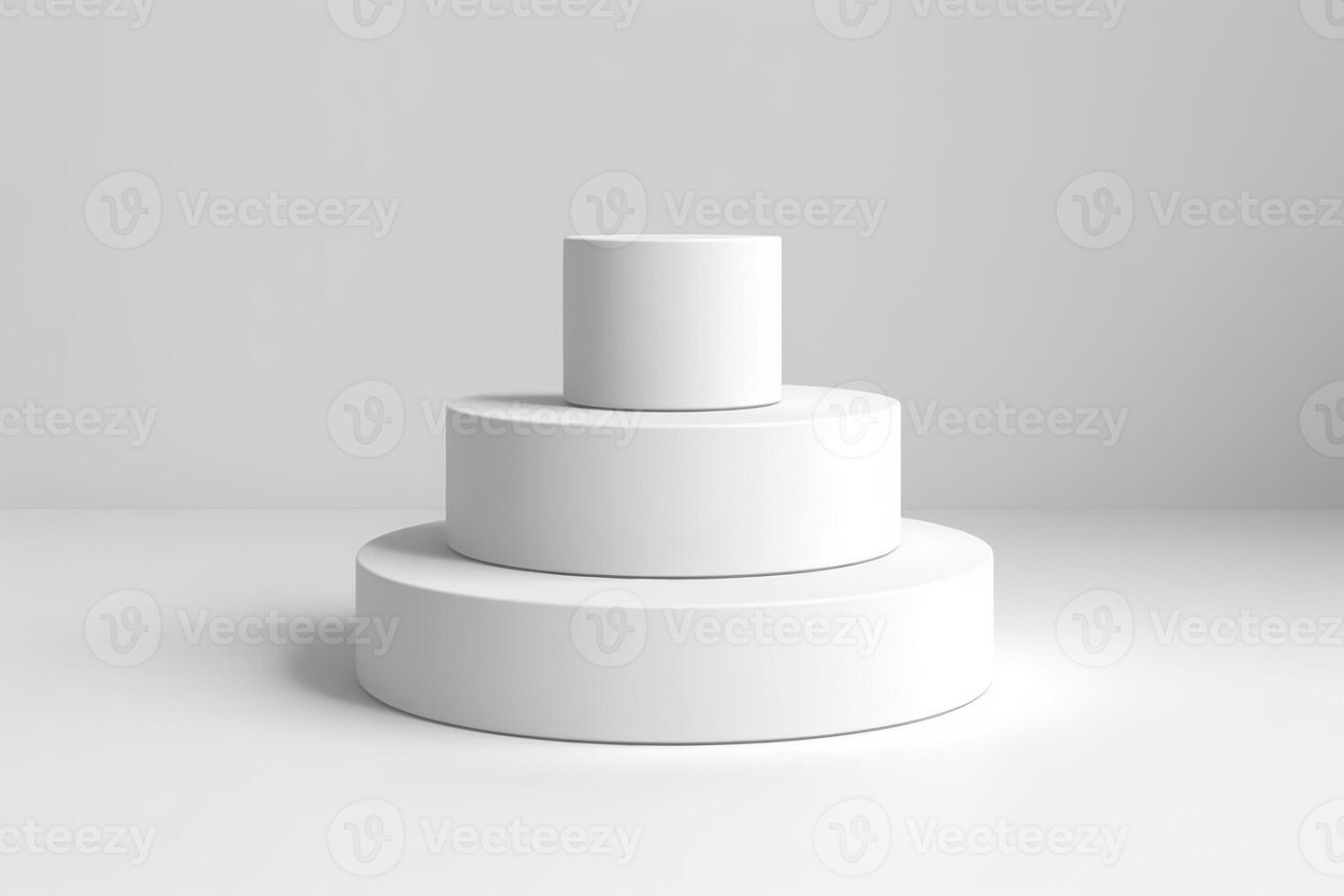 Podium on a white background. Abstract geometric minimalism. 3d illustration. Three podiums in cylinder shape isolated on white background. Pyramid stage. photo