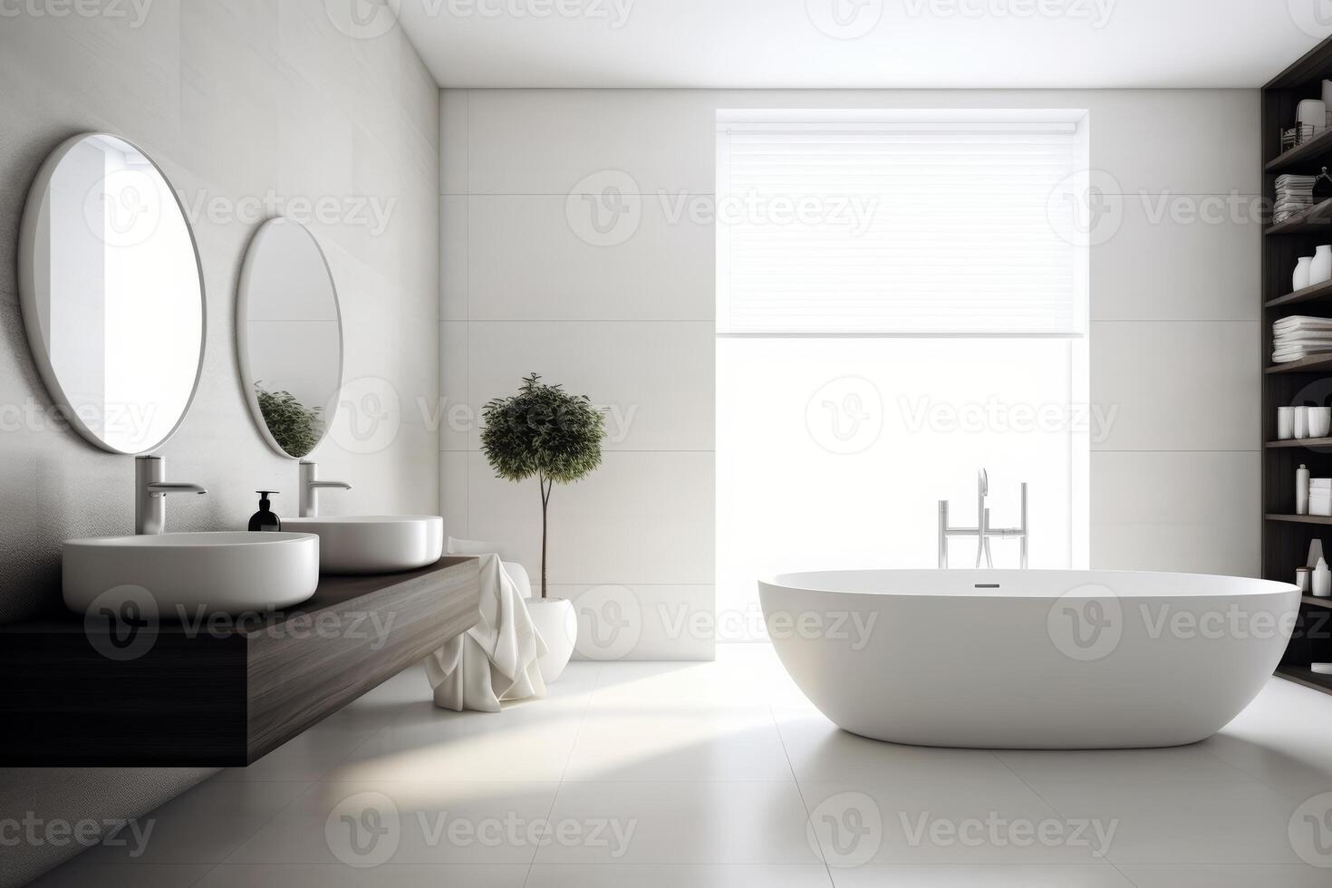 Bathroom interior oval bath, shiny mirrors, bright light from window decor of flowers houseplants. photo