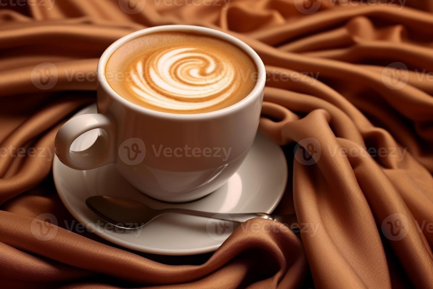 Coffee cup with plate and spoon on brown textile. Mocha color background. photo