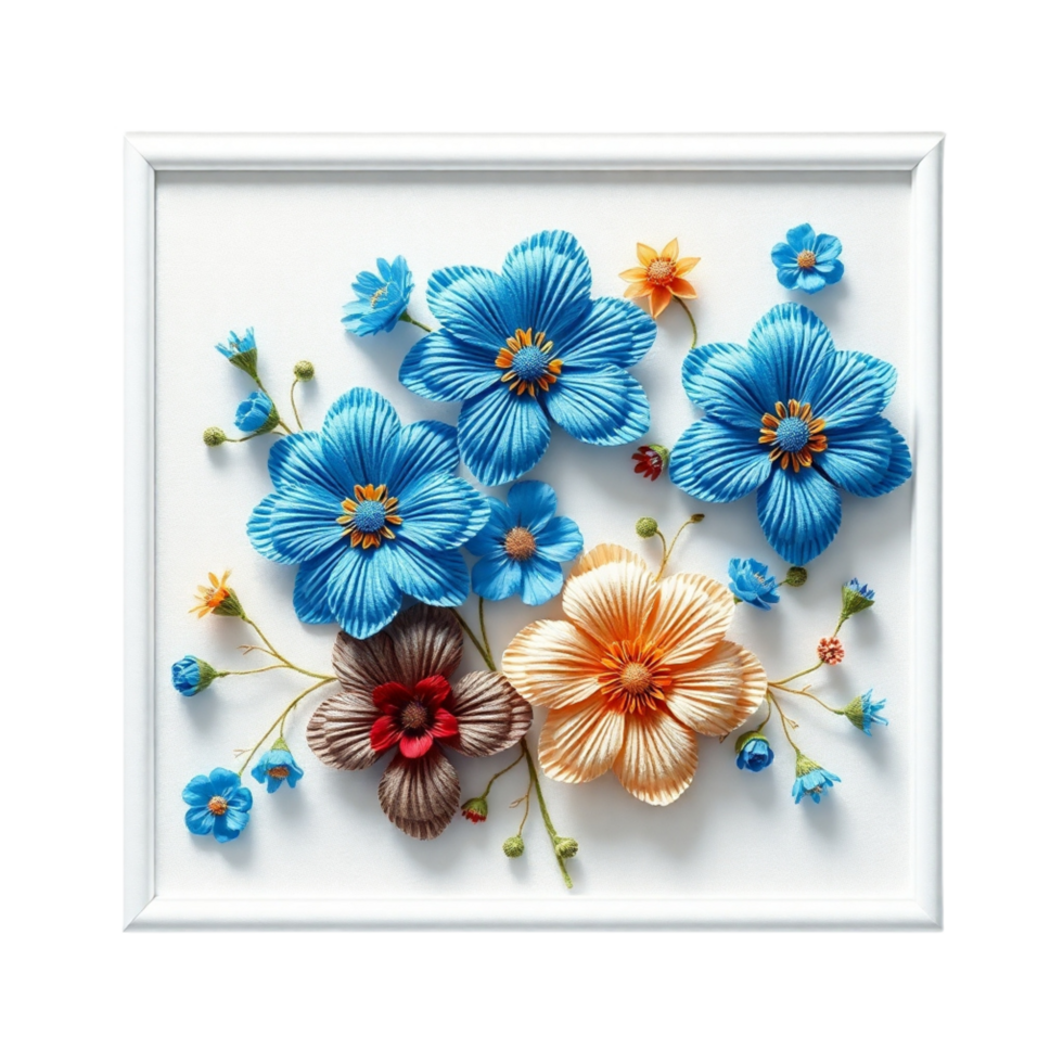 A 3d white frame with blue flowers isolated on a transparent background png
