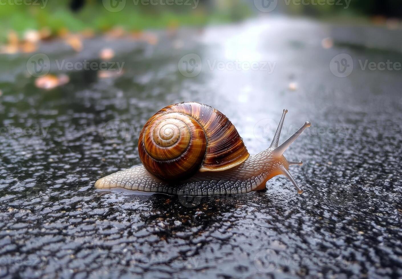 Snail slowly traverses the damp asphalt under a gentle rain, illustrating nature's quiet resilience on a rainy day photo