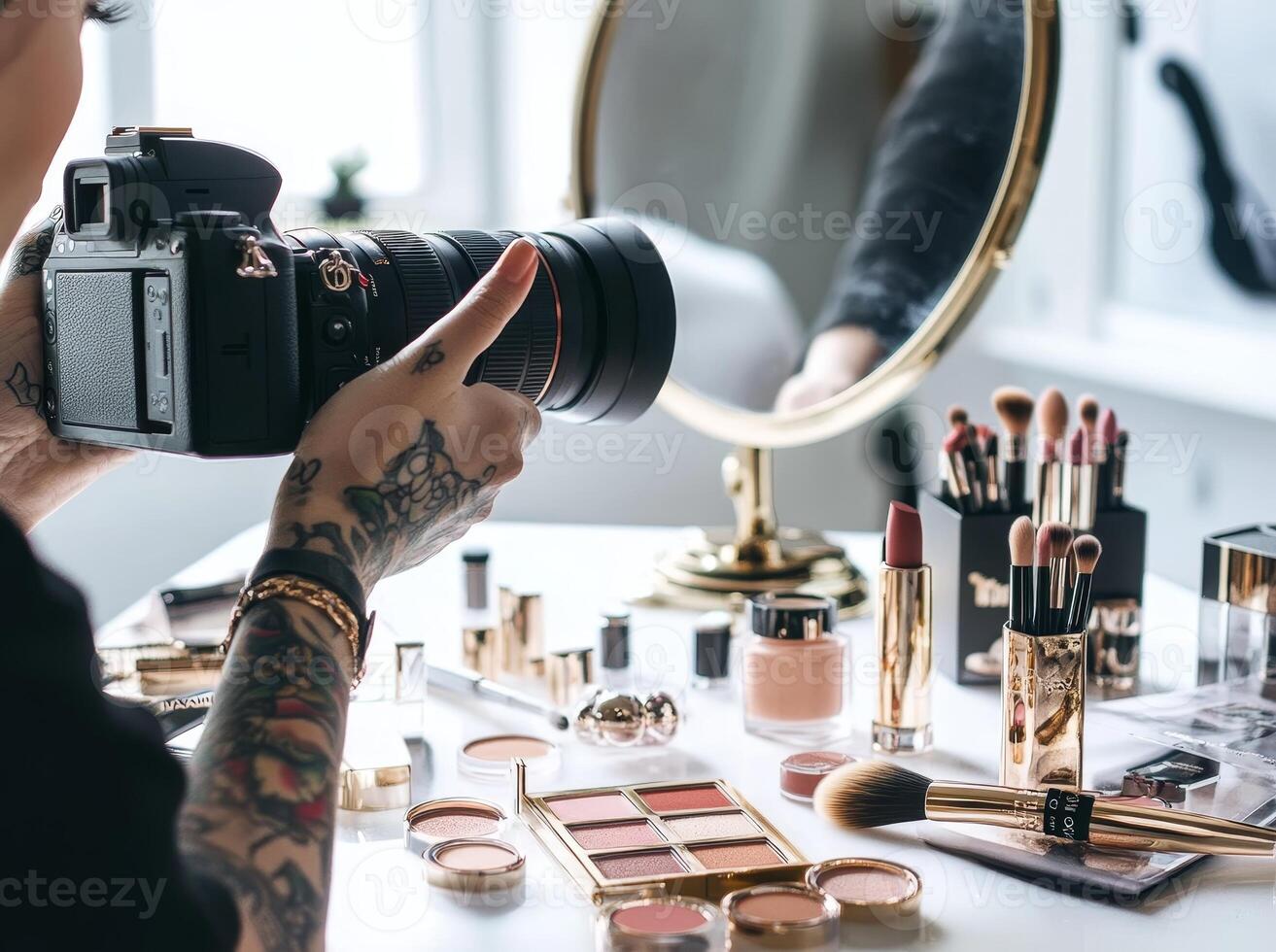Makeup artistry captured through a creative lens in a sunlit space with a stylish setup photo