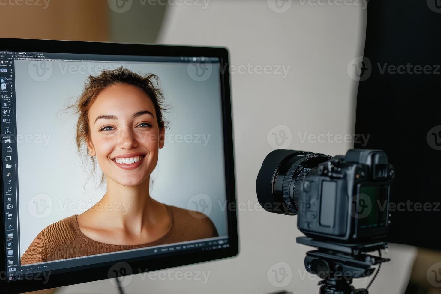 Smiling woman showcased in a professional studio with high-end camera setup and editing software displayed photo
