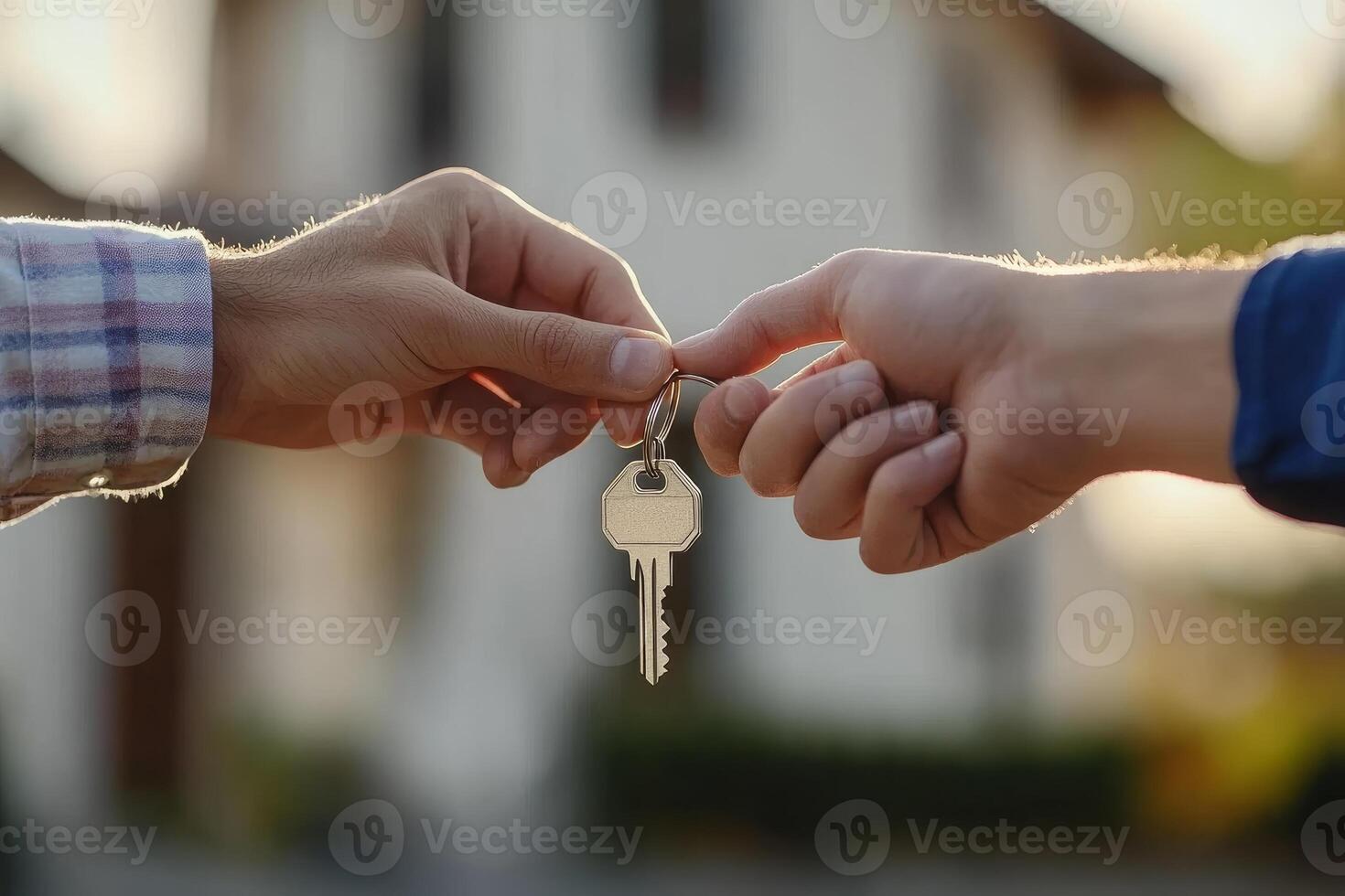 Close-up of hands exchanging house keys symbolizes new beginnings and the excitement of moving into a new home photo