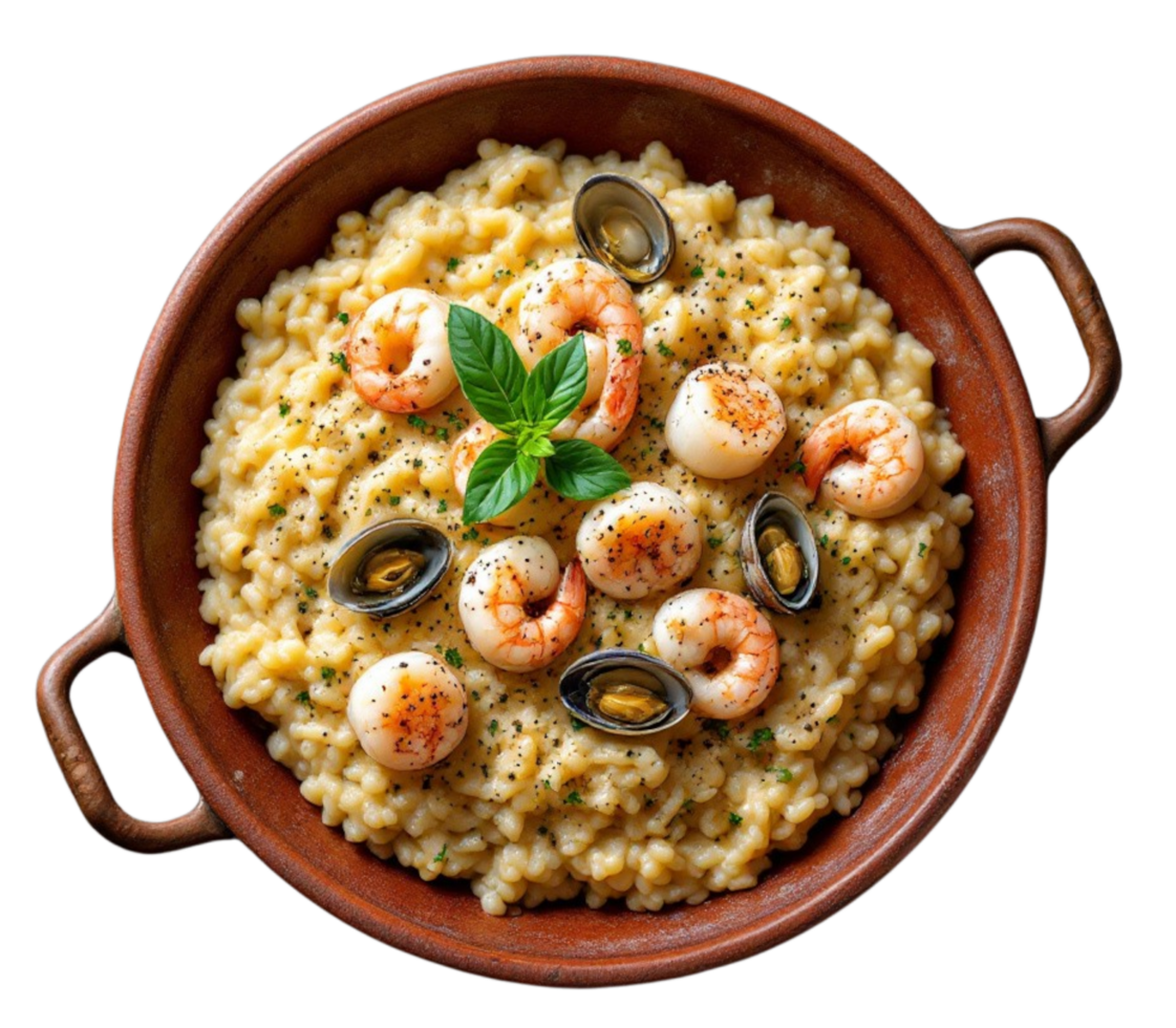 Delicious seafood risotto with shrimp, scallops, and mussels, garnished with fresh basil on transparent background png