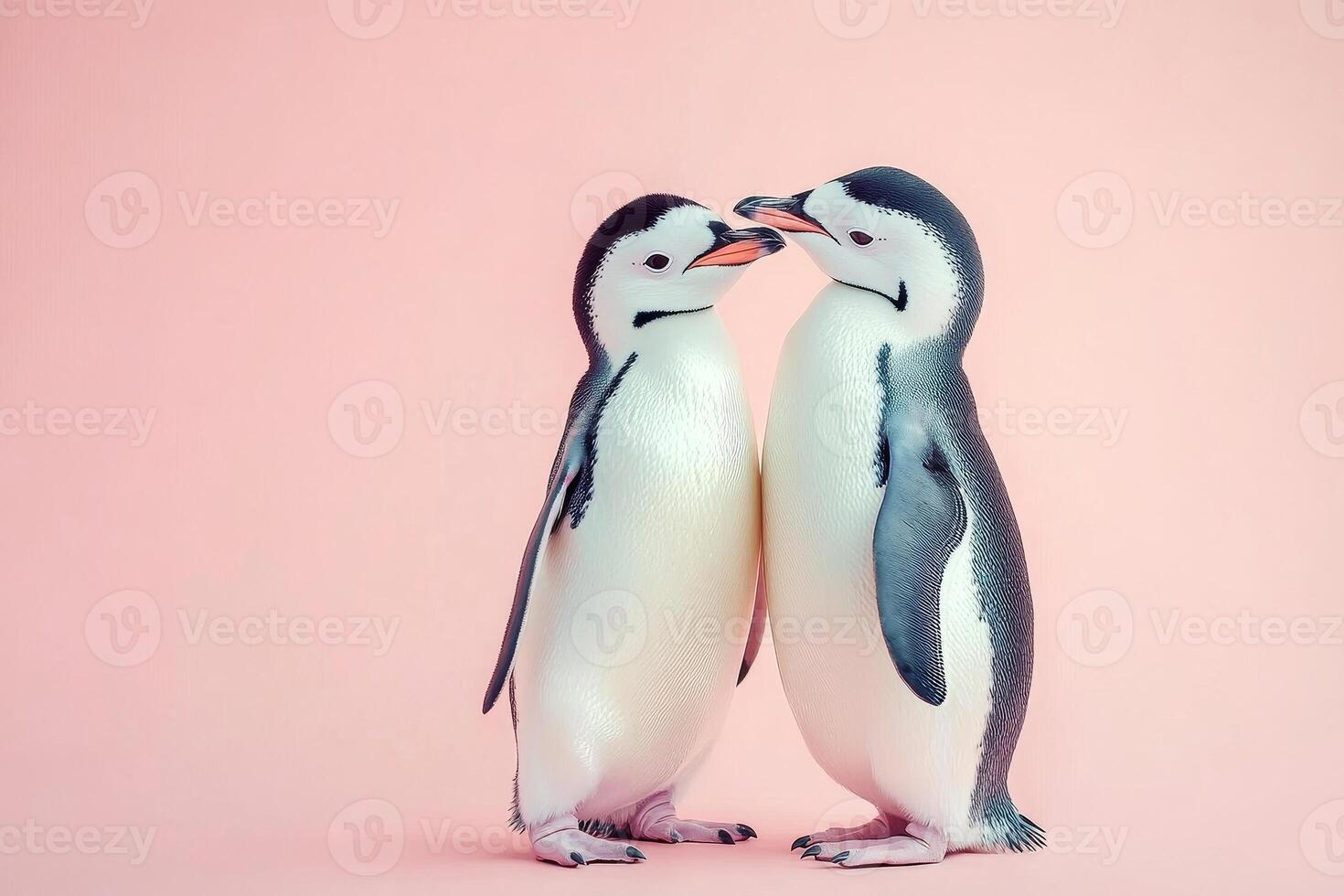 Cute penguins share a romantic moment against a dreamy pastel pink background in an enchanting portrayal of love and affection photo