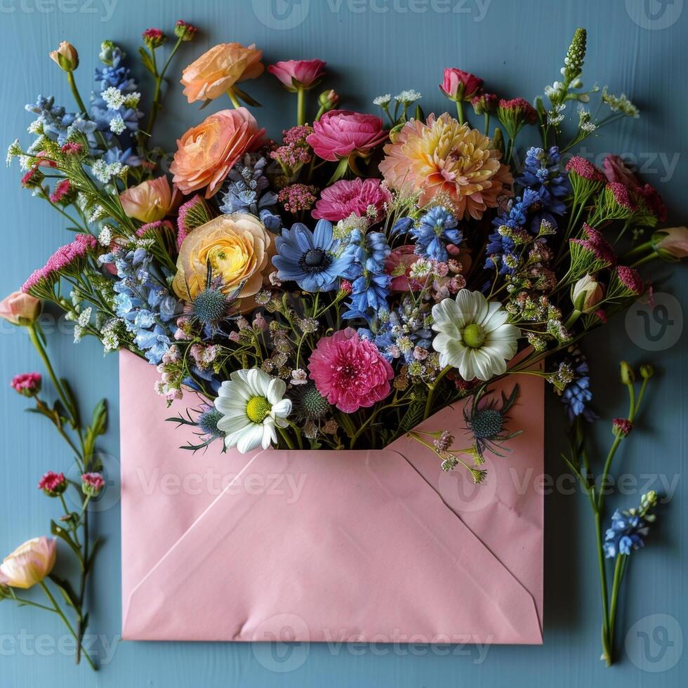 Delicate pink envelope brimming with colorful flowers celebrating Mother's Day in a charming setting photo