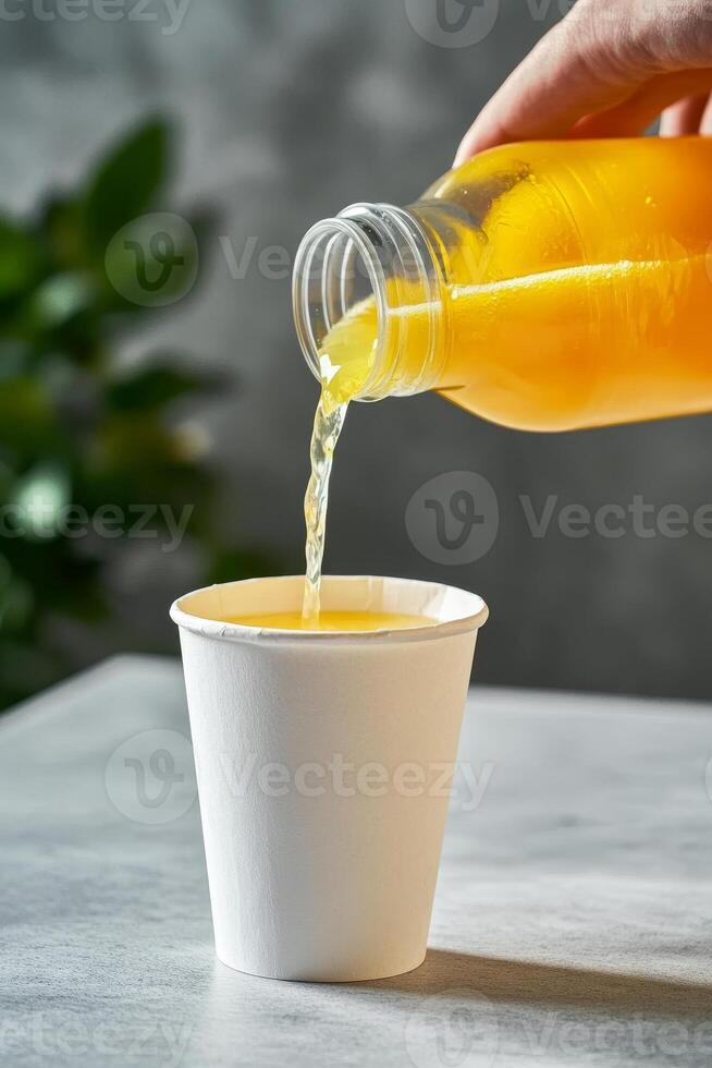 Refreshing lemonade is poured from a bottle photo