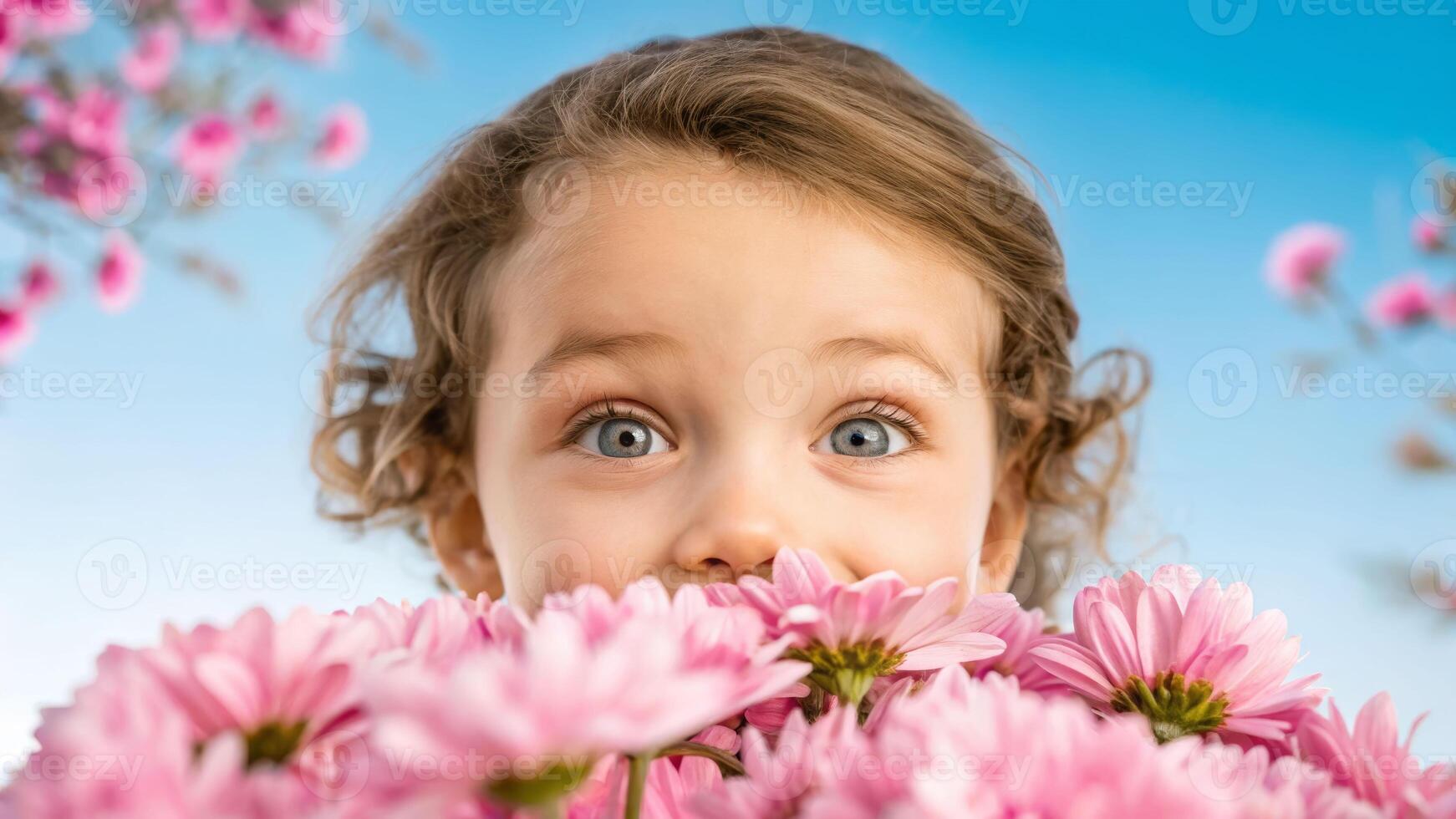 Gentle child with eyes wide open smelling pink flowers in nature outdoor joyful experience photo