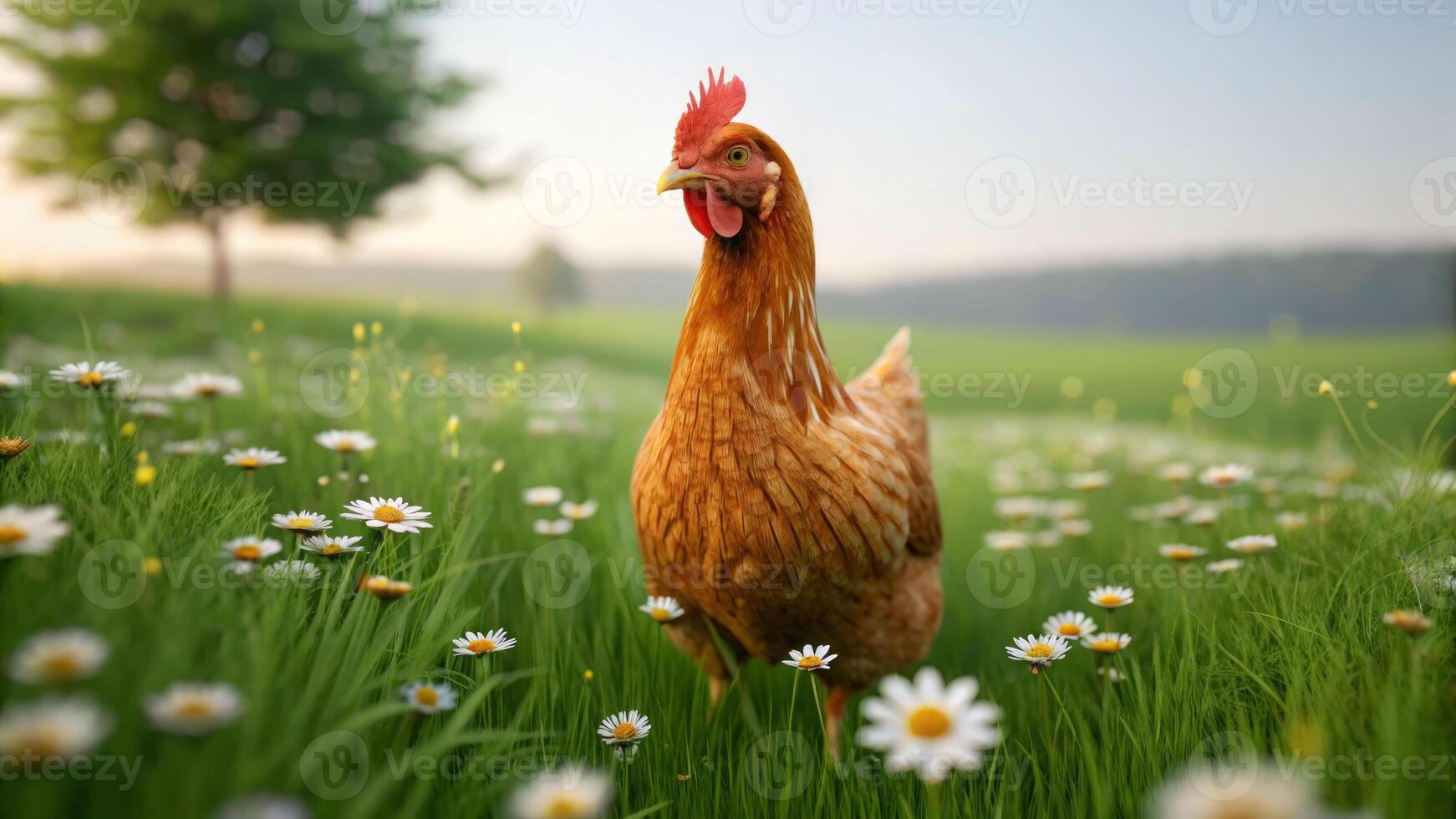 Gentle chicken roaming in wildflower field nature scene vibrant landscape serene environment close-up view photo