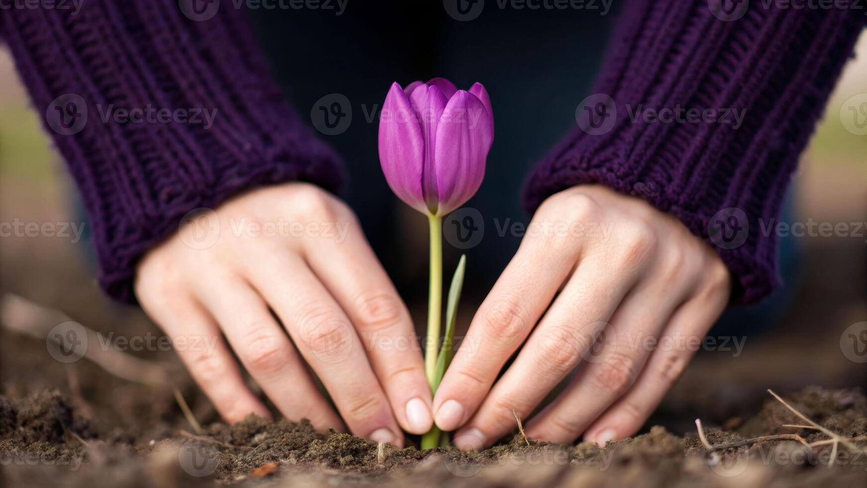 Gentle hands nurturing a purple tulip garden soil close-up photography natural setting soft focus concept photo