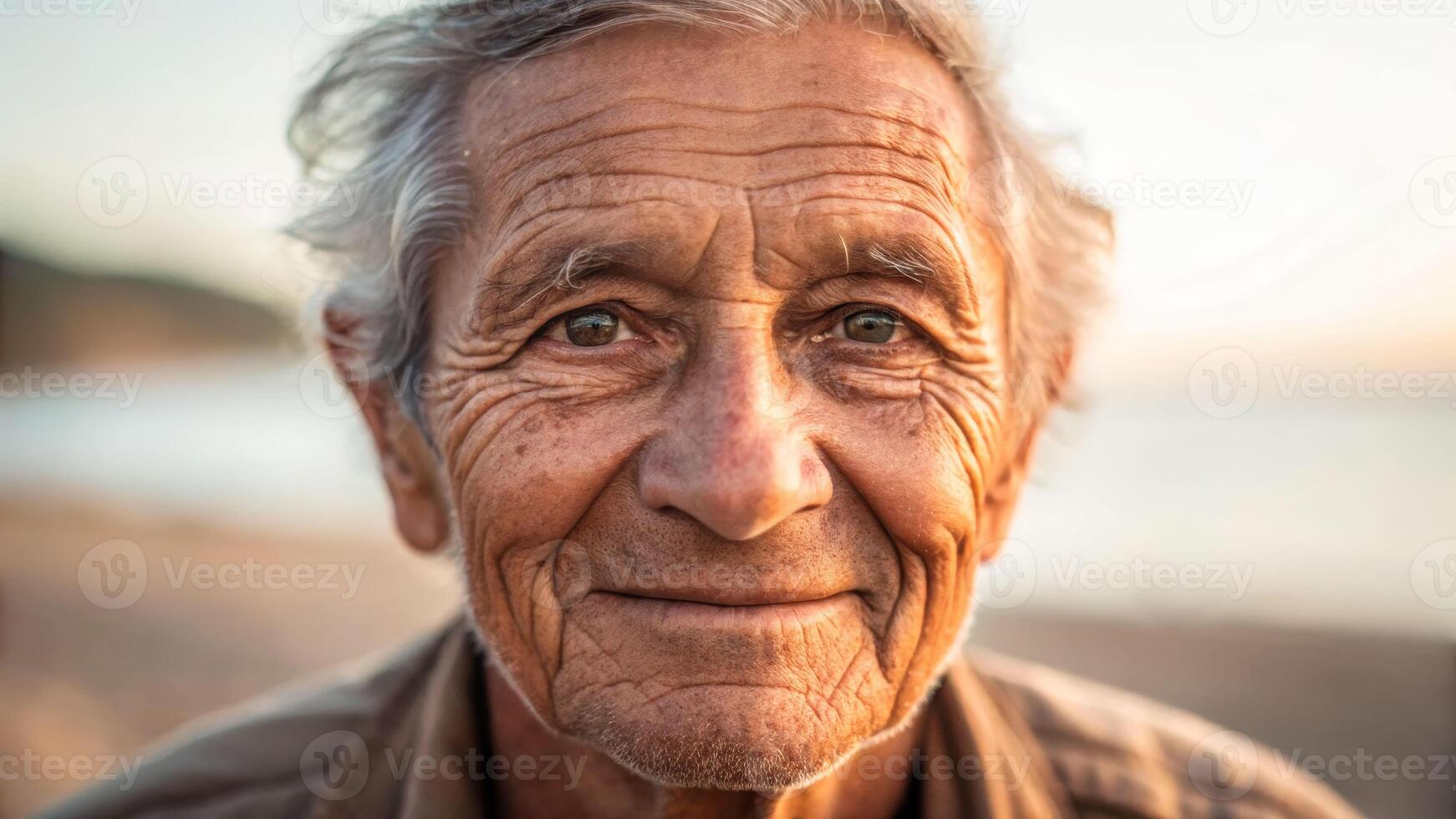 Gentle portrait of an elderly man beachside photography natural light close-up capturing kindness in a weathered face photo