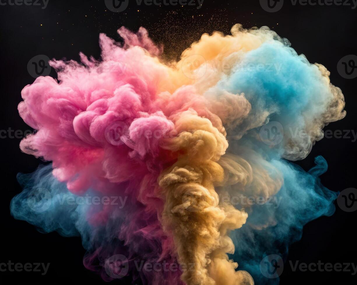 Vibrant swirling cloud of powder paint particles artistic display studio setting colorful environment dynamic viewpoint photo