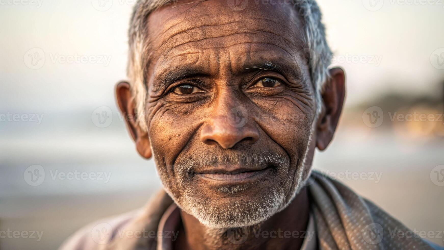 Gentle wisdom of a weathered face capturing kindness by the sea portrait photography calm environment close-up view photo