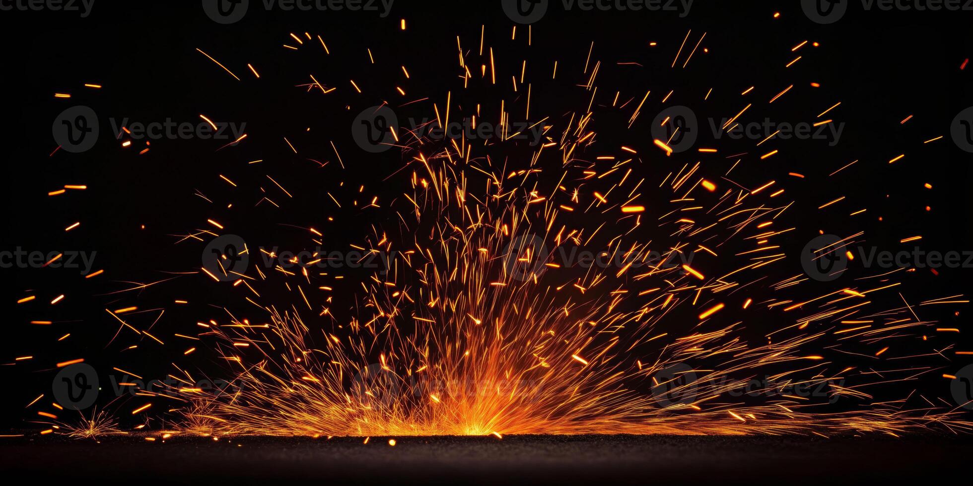 Particle sparks erupting from fiery explosion dark background high-definition image industrial environment dramatic viewpoint photo