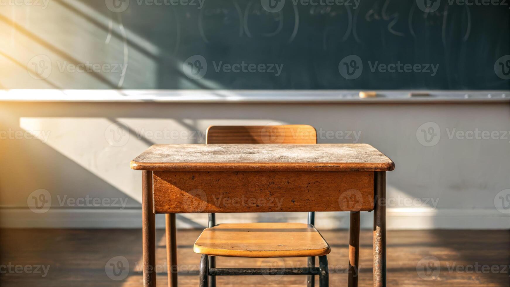 Particle infused classroom scene abandoned school image of wooden desk warm glow lighting perspective on learning atmosphere photo